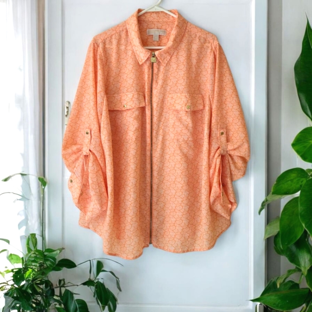 Michael Kors Blouse Zip Front Shirt  Salmon Orange Light Airy Relaxed Plus 3X